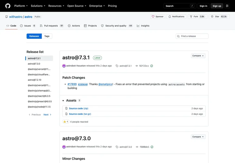 GitHub — Release history preview