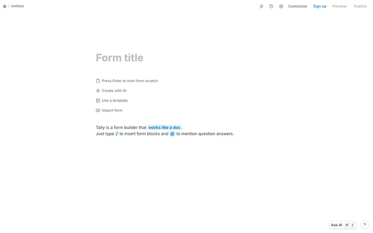 Tally — Document-style form builder preview
