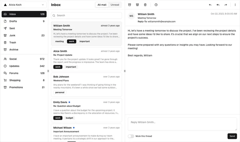 shadcn/ui v3 — Mail workspace preview