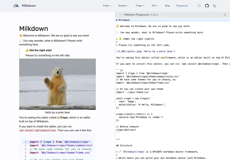 Milkdown — Markdown editor preview