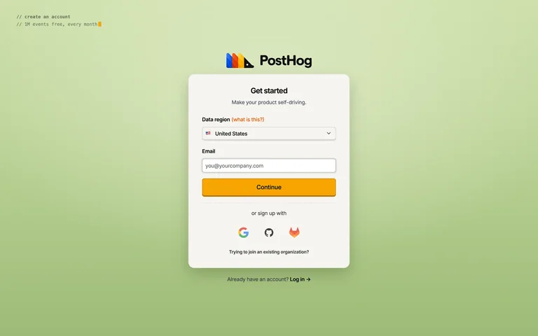 PostHog — Create account preview