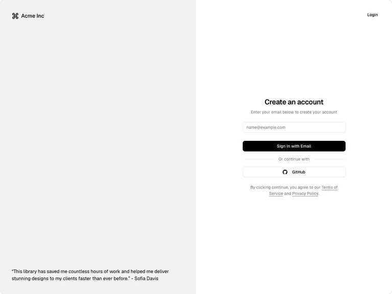 shadcn/ui — Create an account preview