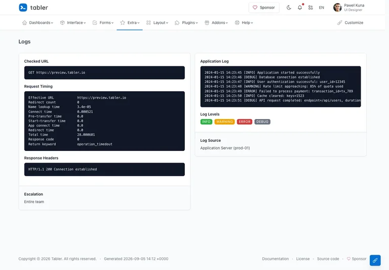 Tabler — Request logs preview