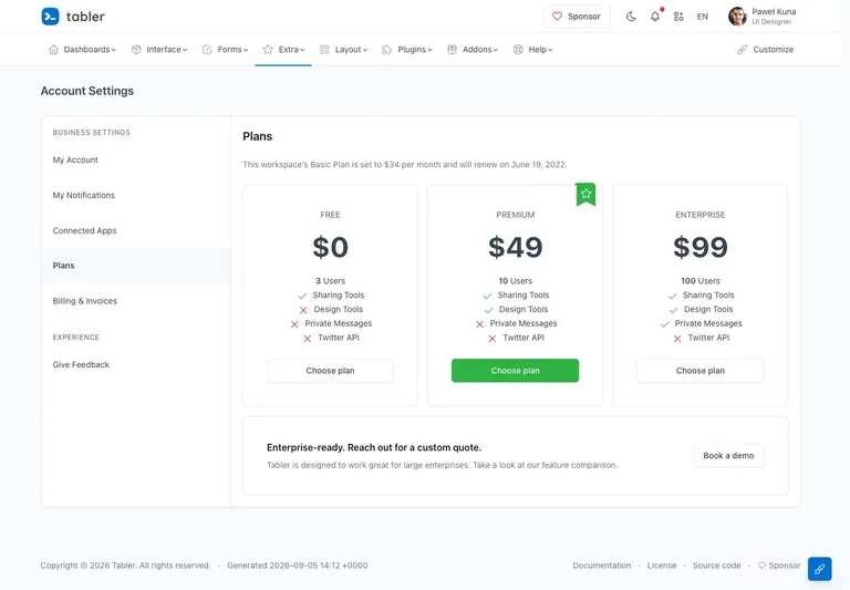 Tabler — Plan and billing preview