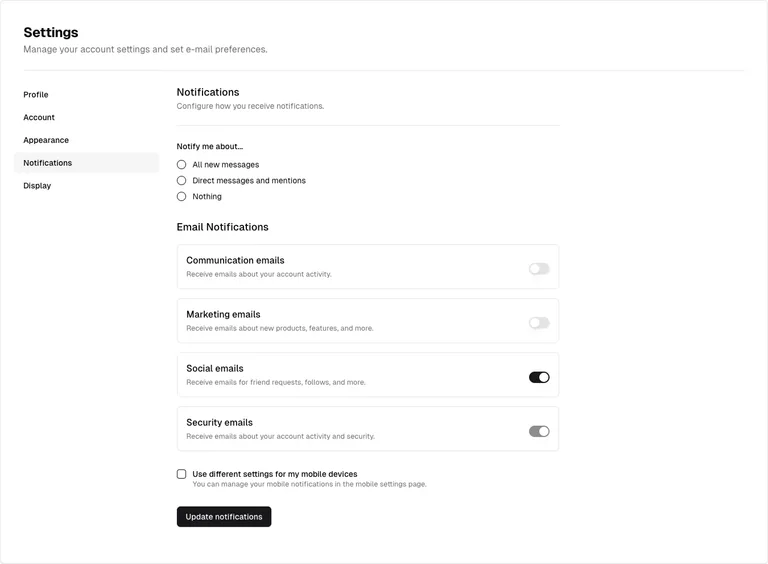 shadcn/ui v3 — Notification settings preview