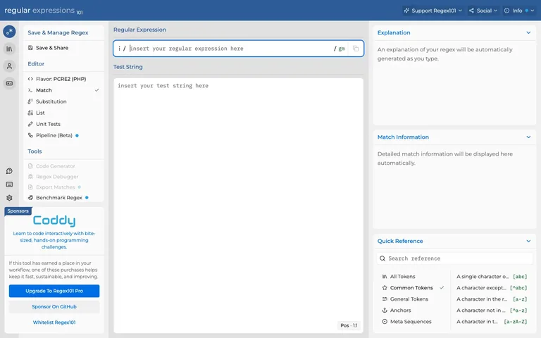 regex101 — Four-pane tool preview
