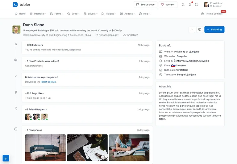 Tabler — Member profile preview