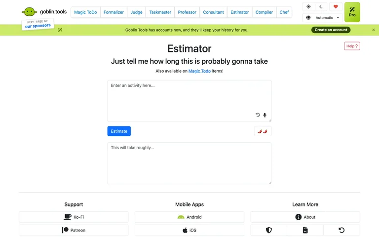Goblin Tools — Estimator preview