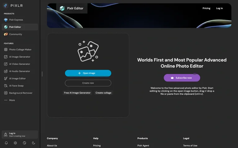 Pixlr Editor — Start screen preview