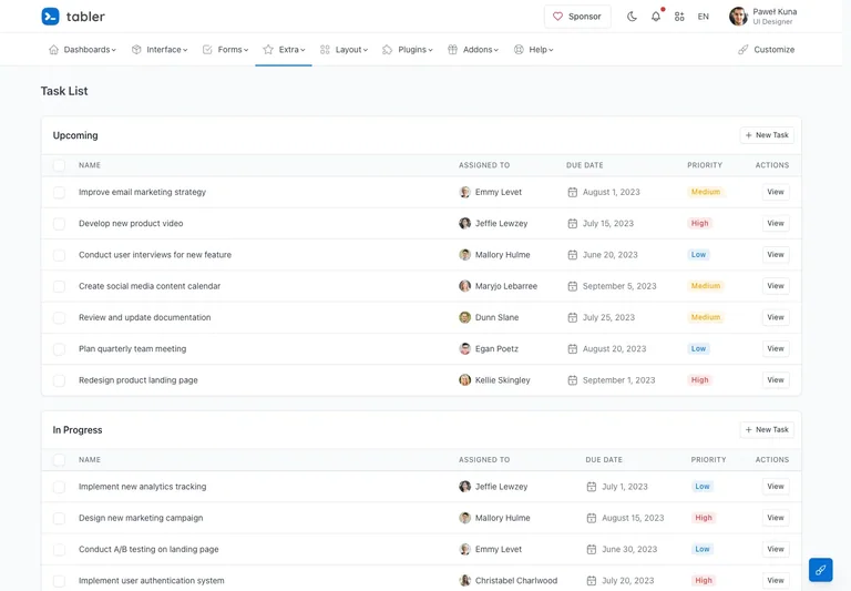 Tabler — Task list preview