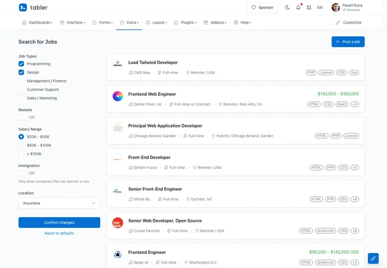 Tabler — Job listings preview