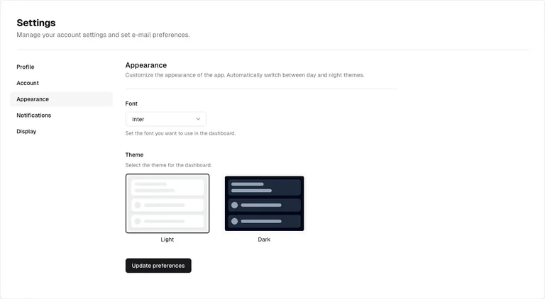 shadcn/ui v3 — Appearance settings preview