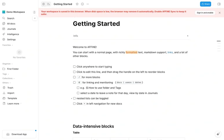 AFFiNE — Local document workspace preview