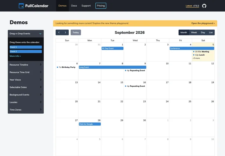 FullCalendar — Interactive calendar demo preview
