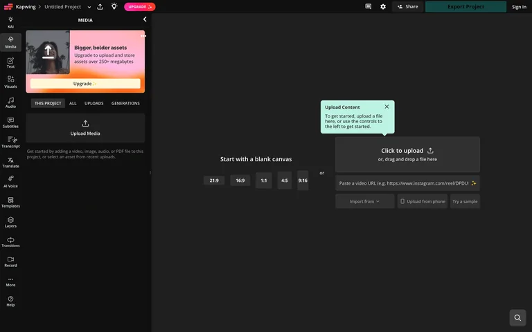 Kapwing — Empty video editor preview