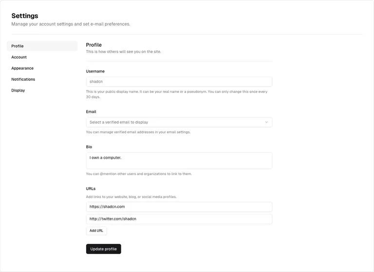 shadcn/ui v3 — Profile form preview