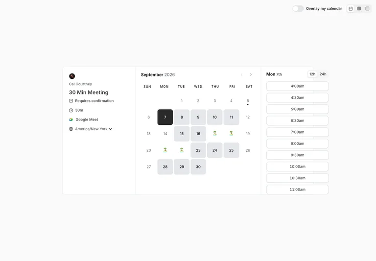 Cal.com — Date and time selection preview