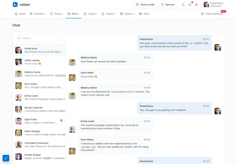 Tabler — Chat workspace preview