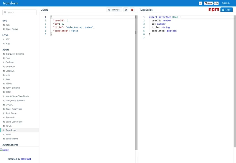 Transform — JSON to TypeScript preview