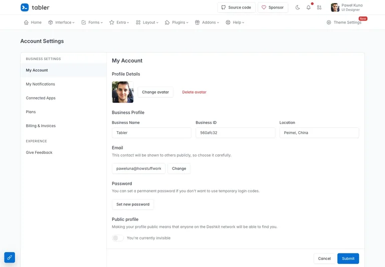 Tabler — Account settings demo preview