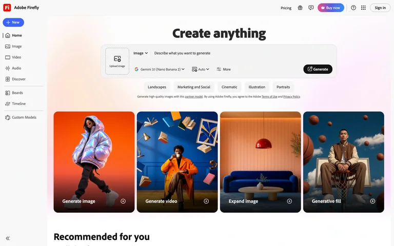 Adobe Firefly — Creative home preview